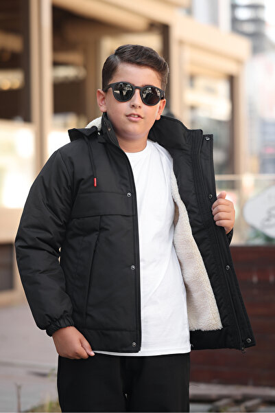 Boymen Siyah İçi Kürklü Kalın Su Geçirmez çıkma Kapişonlu Çocuk Mont Premium Mont