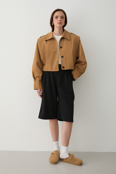 Laluvia Camel High Collar Buttoned Trench Coat
