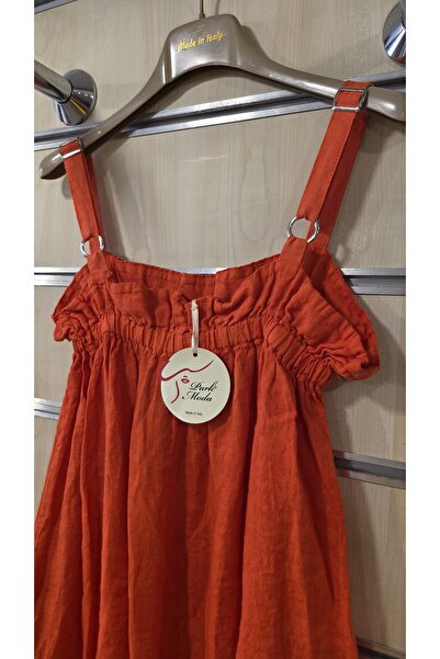 Park Moda İtalyan Askılı Keten Elbise Düz Desen