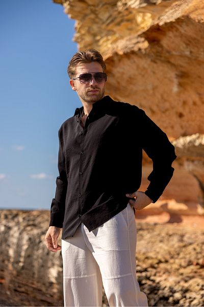 COMBİNE MİCHAİL Men's Long Sleeve Summer Basic Black Loose Shirt