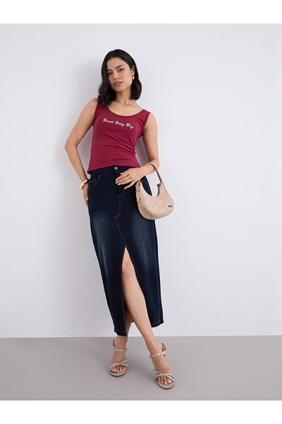 Styli Maroon Fitted Embroidered Tank