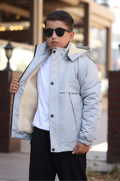 Boymen Black Fur Inside Thick Waterproof Exit Hooded Children's Coat Premium Coat