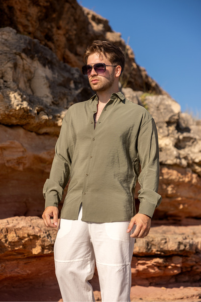COMBİNE MİCHAİL Men's Long Sleeve Summer Basic Khaki Loose Shirt