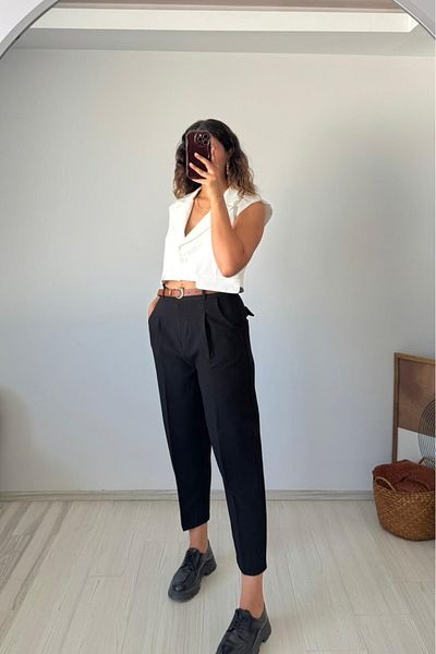 Güneş Black Fabric Pants with High Waist Belt
