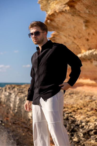 COMBİNE MİCHAİL Men's Long Sleeve Summer Basic Black Loose Shirt
