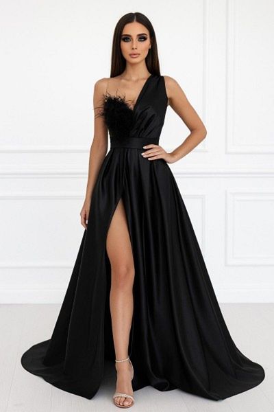 OPHIRA Long Black Evening Dress with Tafta, Lace and Feathers