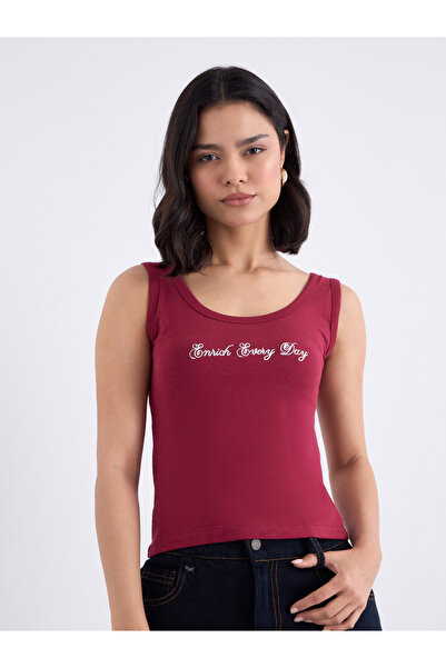 Styli Maroon Fitted Embroidered Tank