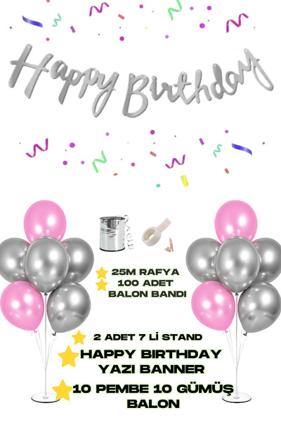 Baloncu Nene Happy Birthday Banner 2 Pieces of 7 Balloon Stand 10 Pieces of Silver 10 Pieces of Purple Balloon Birthday Ornament