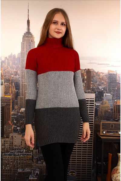 ASEZ BUTİK Women's Color Blocked Turtleneck Long Knitwear Tunic Sweater – Red Gray Black
