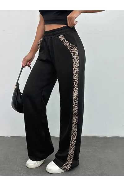 Modayakamoz New Season Women's High Waist Lace-Up Side Leopard Pattern Viscose Two Thread Trousers