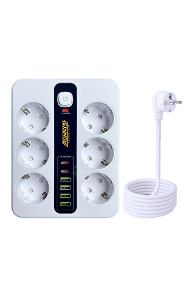leeways Akım Korumalı 6'lı Grup Priz 4 USB'li ve 2 TYPE-C li 6'lı Grup Priz 2 m Kablo Çocuk Korumalı
