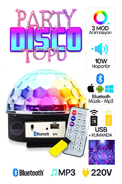 Ecuy Sihirli LED Dönen Disko Topu Kablosuz Bluetooth USB MP3 Kumandalı 360° Renkli Işık 165x165x150mm