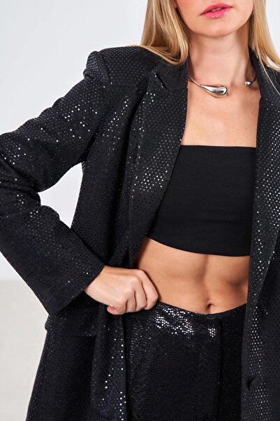 Pia Tija Parlak Görünümlü Vatkalı Tek Düğmeli Blazer Ceket