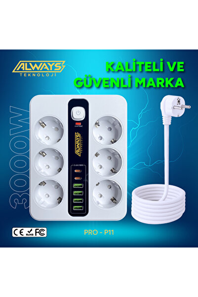 leeways Akım Korumalı 6'lı Grup Priz 4 USB'li ve 2 TYPE-C li 6'lı Grup Priz 2 m Kablo Çocuk Korumalı