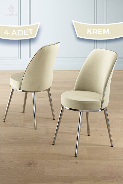 Canisa Pefa Serisi 4 Adet Krem Mutfak Sandalyesi Krom Kaplama Metal Ayak 1. Sınıf Babyface Kumaş