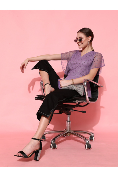STREET 9 By Styli Women Purple Beaded Embellished Top