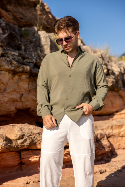COMBİNE MİCHAİL Men's Long Sleeve Summer Basic Khaki Loose Shirt