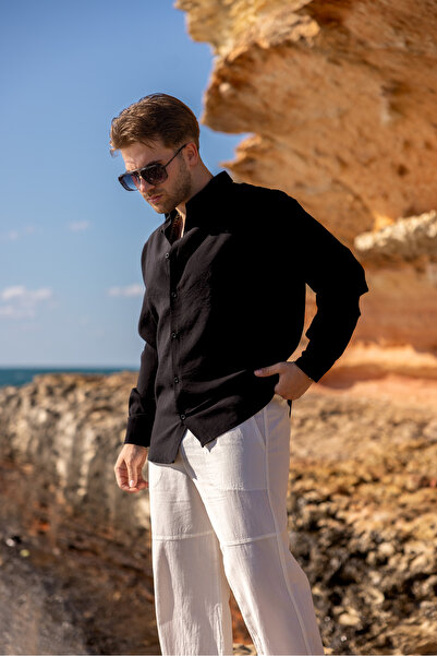 COMBİNE MİCHAİL Men's Long Sleeve Summer Basic Black Loose Shirt