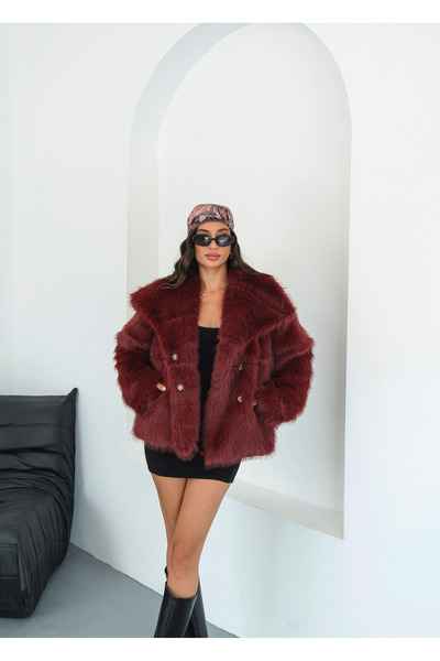 Le Savu Shilsee Women's Shawl Collar Gray with Pockets Fence Close Open Bordo Fur Coat