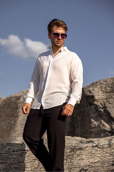 COMBİNE MİCHAİL Men's Long Sleeve Summer Basic White Loose Shirt
