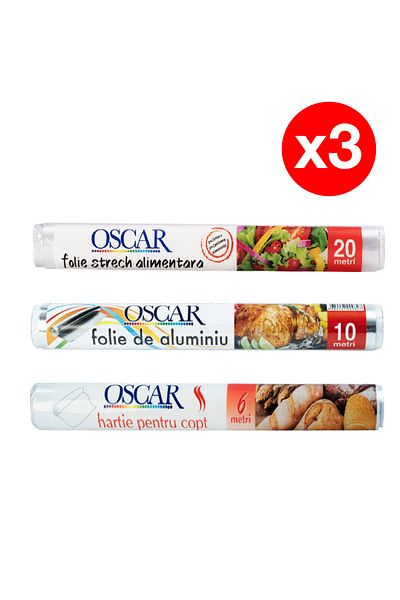 Oscar – Set 3 Bucăți – Folie Stretch Alimentară + Folie Aluminiu + Hârtie de Copt