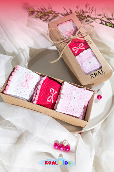 KRAL SOCKS Baby Girl Socks Set 6 Pairs – Ribbon Patterned – Boxed – Cotton – Booties Size