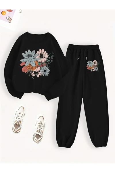 QUEENSTOWN Women's Chest Floral Printed Oversize Crew Neck Tracksuit Set