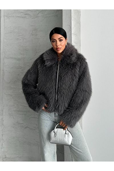 FERZOLAİO Zippered Oversize Anthracite Fur Jacket