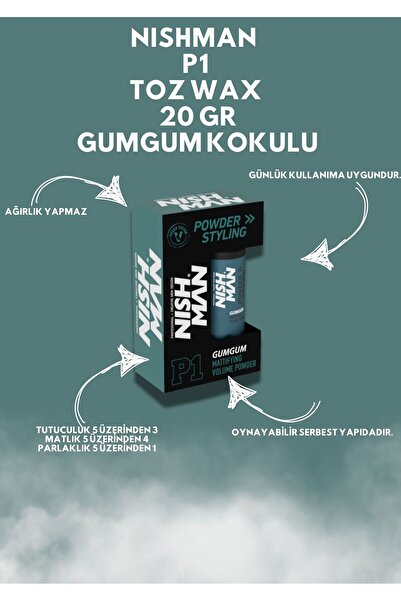 NISHMAN Saç Şekillendirici Toz Wax P1 Gum Gum / Oynanabilir Yapı / Kalıcı Saç Parfümü Içerikli - 20 gr