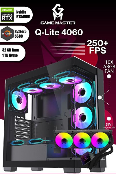 GM Game Master QLite 4060 R5 5600 CPU 32GB DDR4 RAM 1TB M.2 RTX4060 10x ARGB Fan Sıvı Soğutuculu Siyah Gaming PC