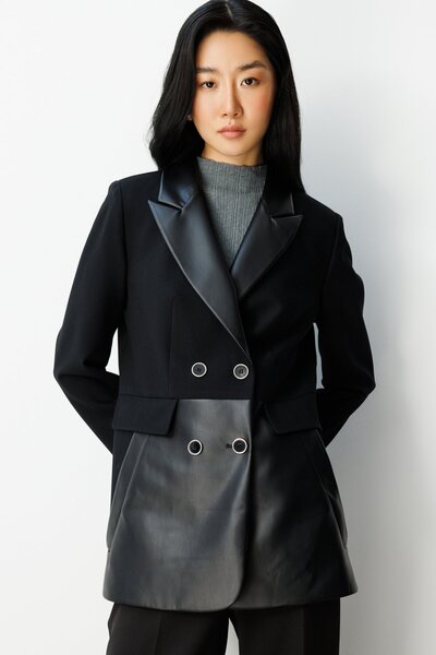 Ekol Suni Deri Detaylı Düğmeli Ceket