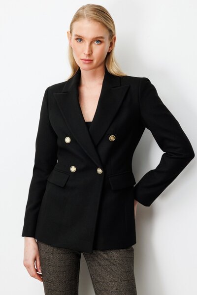 Ekol Double-Breasted Collar Cashmere Jacket Black 05069