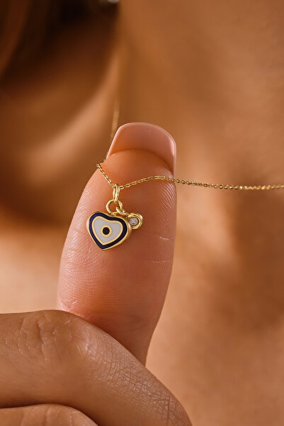 VeraDesignGold Kalp Nazar Boncuklu Pırlanta Detaylı Altın Kolye -14 Ayar Altı...