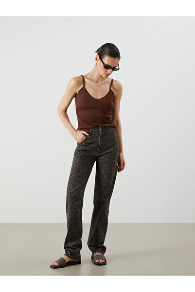 LC Waikiki Brown straight fit leopard print women's jean pants