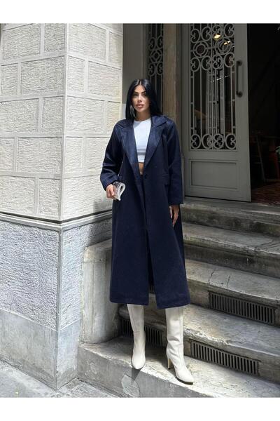 FERZOLAİO One Button Oversize Navy Blue Wool Coat