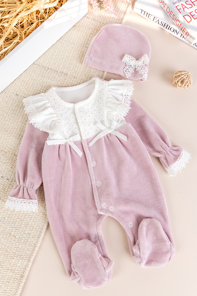 Babymod Bow Velvet Winter Baby Girl Jumpsuit Set