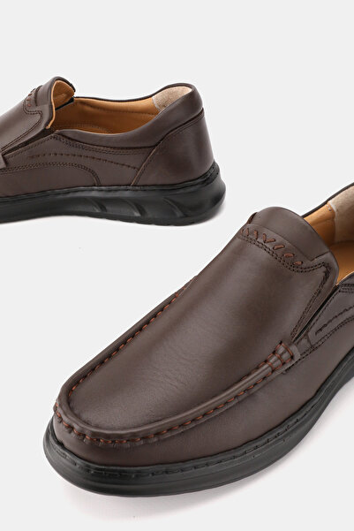 TUNAELLİ Men's Brown Khaki Natural Leather Orthopedic Loafer Shoes