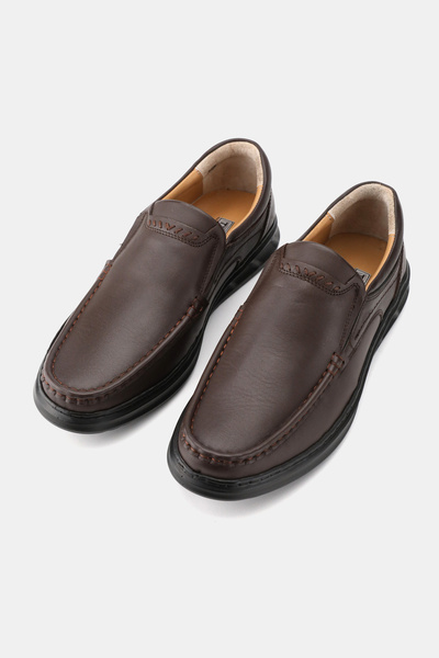 TUNAELLİ Men's Brown Khaki Natural Leather Orthopedic Loafer Shoes