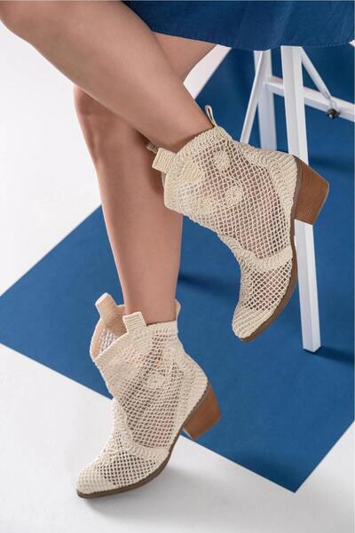 MERETTO By Akıl Beige Lace Fabric Western Cowboy Women's Boots