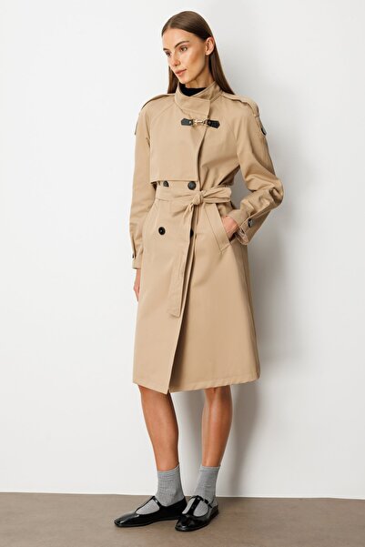 Ekol Dik Yaka Beli Kuşaklı Trençkot 7003-25k Camel