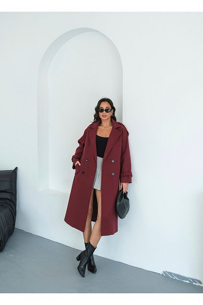 Le Savu Shilsee Women's Bordo Double-Collar Belted Apollet Pocketed Coat