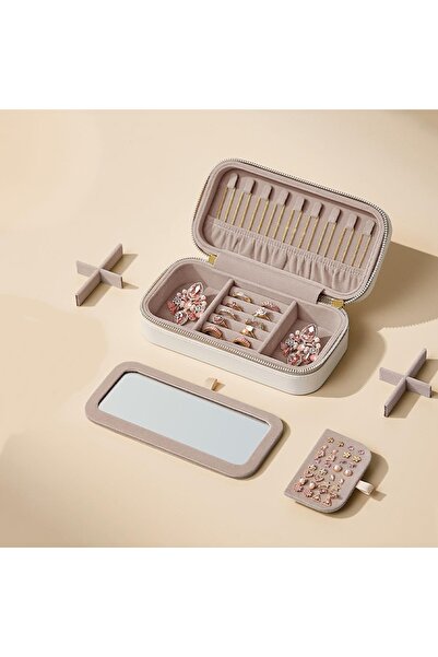 gaman Cutie portabilă de depozitare pentru bijuterii, din piele, cu oglindă, organizator pentru inele, cercei și coliere