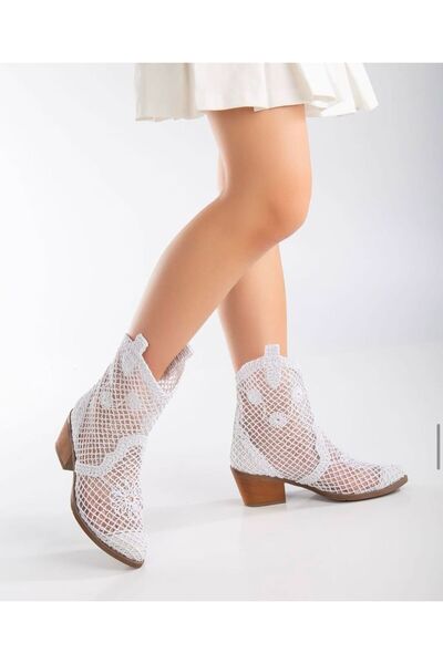 MERETTO By Akıl Γυναικείες μπότες Western Cowboy από ύφασμα λευκής δαντέλας