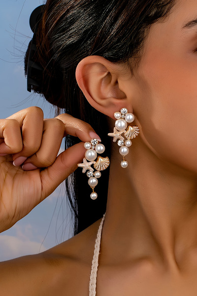 Glaren Deniz Temalı Sallantılı Altın Renk Kadın Küpe