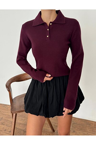 yeditepe fashion Pulover clasic cu guler polo cu nasturi aurii, roșu claret