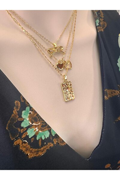 Uno Di Famiglia 3'lü charm kolye , kurdele kolye , kalpli kolye , zarif minimalist kolye