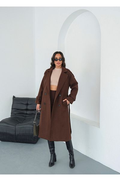 Le Savu Shilsee Women's Brown Double-Collar Belted Apollet Pocketed Coat