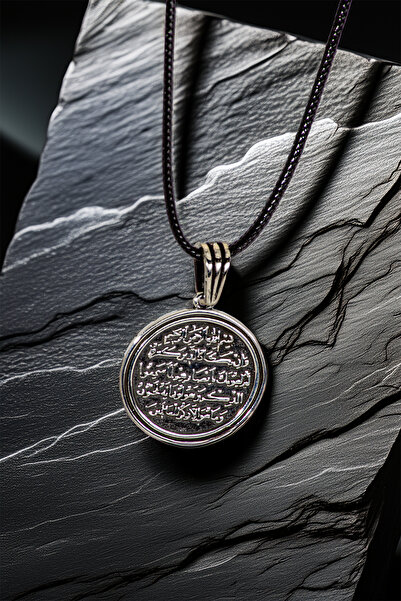 OSMANLI GÜMÜŞ Erkek Gümüş Kolye Ucu - Nazar Duası Yazılı Oksitli Yuvarlak Mod...