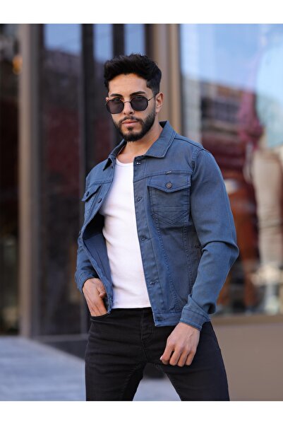 Wkm Denim Men's Standard Fit Buttoned Denim Jacket with Pockets
