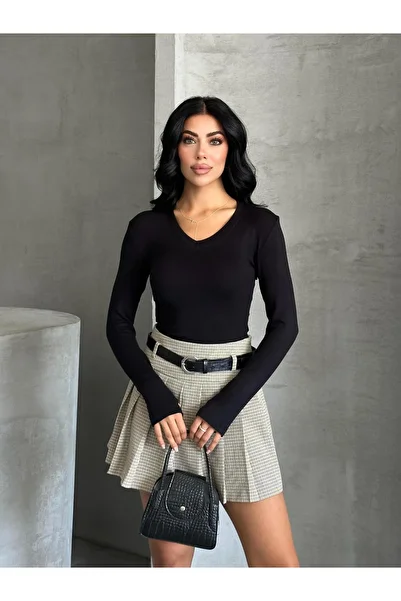 FERZOLAİO V-Neck Long Sleeve Black Basic Blouse